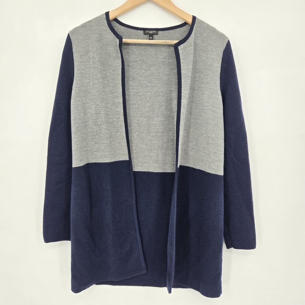 Talbots Merino Blend Colorblock Sweater Jacket Open Longline Cardigan Size MP